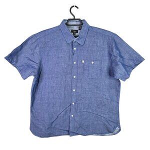 Mens Haggar Blue Shirt Button Up Short Sleeve Cotton Ramie Blend Size XL